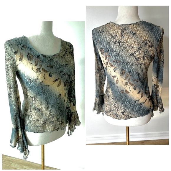 Sheer Lace Blouse, Floral Mesh, Bell Sleeve, Blue Grey & Brown Romantic Vintage - Picture 8 of 15